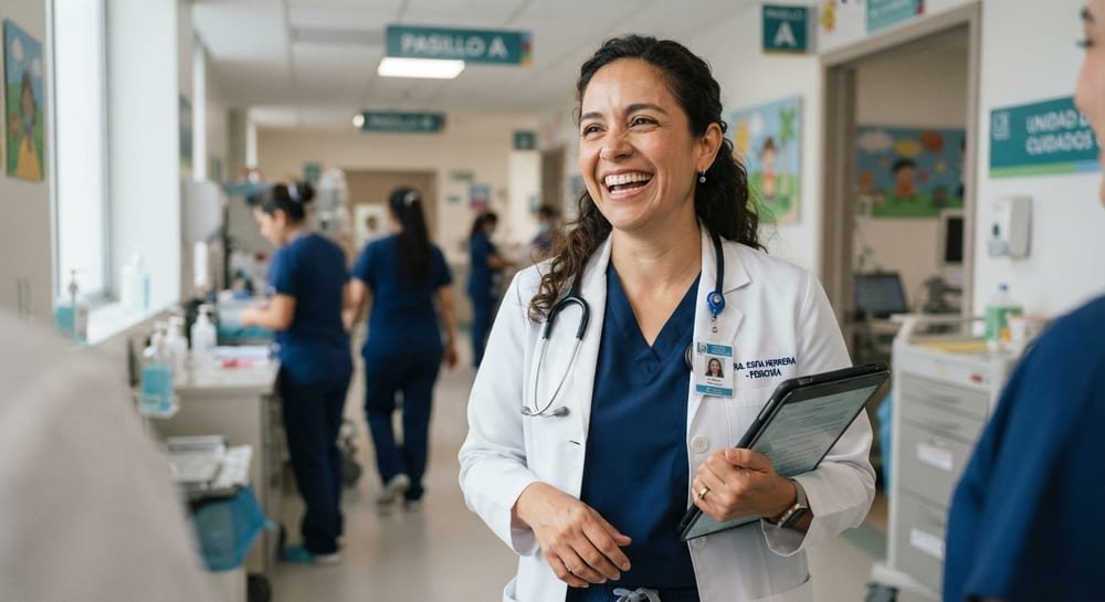 Médica sonriendo mientras revisa la historia clínica de un paciente en Iatros